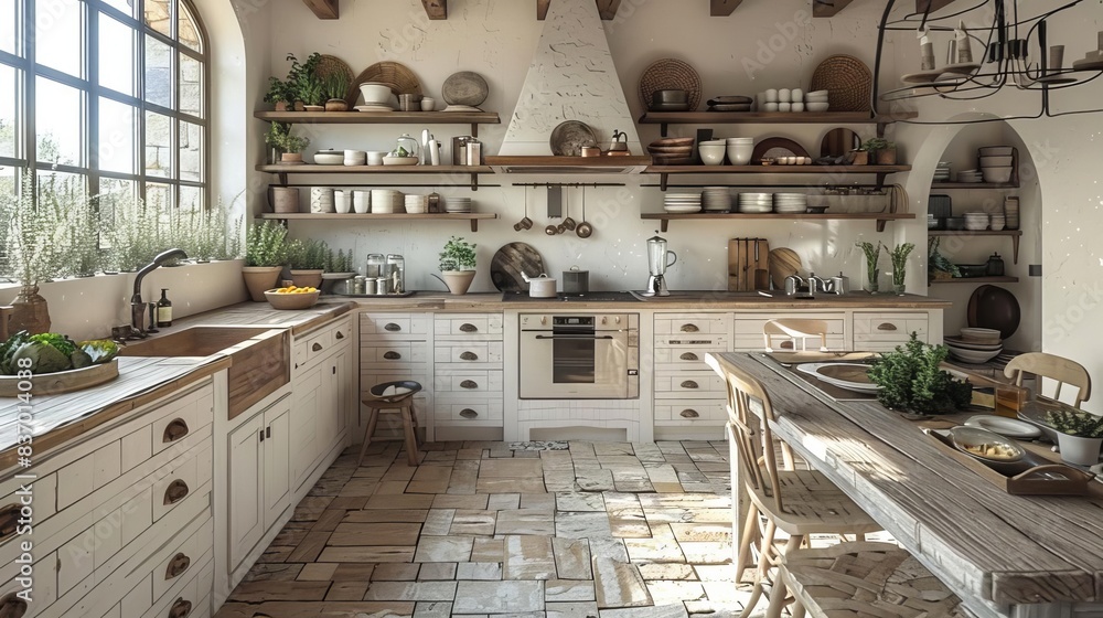 An elegant rustic kitchen with whitewashed cabinets and butcher block countertops The floor is made of stone tiles