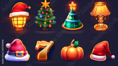 Asset of Halloween and Christmas for mobile game, ui game, slot game isolation on dark background, Illustration.
