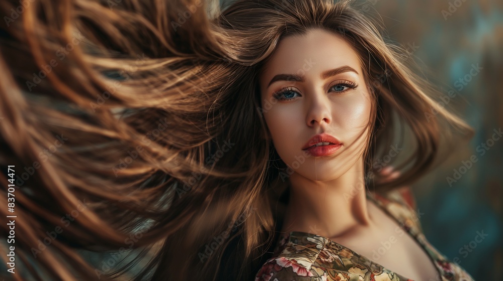 Fototapeta premium Brunette girl with long hair, Beautiful gorgeous woman with flowing long hair is posing in a luxurious outfit