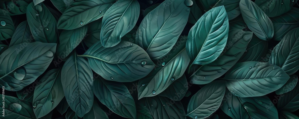 Close-up of lush green leaves with water droplets creating a fresh, natural atmosphere. Ideal for background or nature-themed designs. Close-up of lush green leaves with water droplets creating a fresh, natural atmosphere. Ideal for background or nature-themed designs.