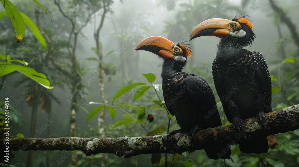 Fototapeta premium two hornbills in a forest, with a misty background