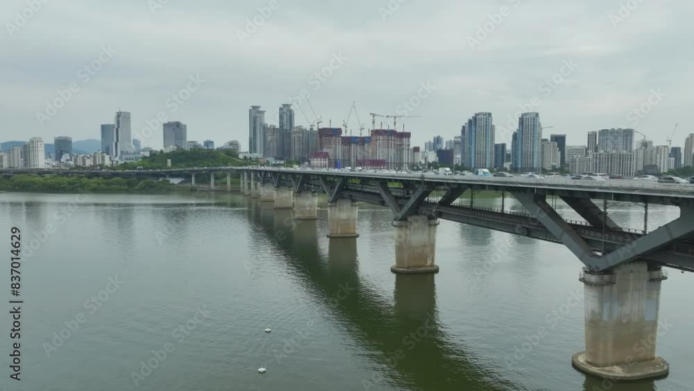 Drone View of Seoul city in South Korea, Ttukseom Island, Han river subway, Summer Drone View of Seoul city in South Korea, Ttukseom Island, Han river subway, Summer