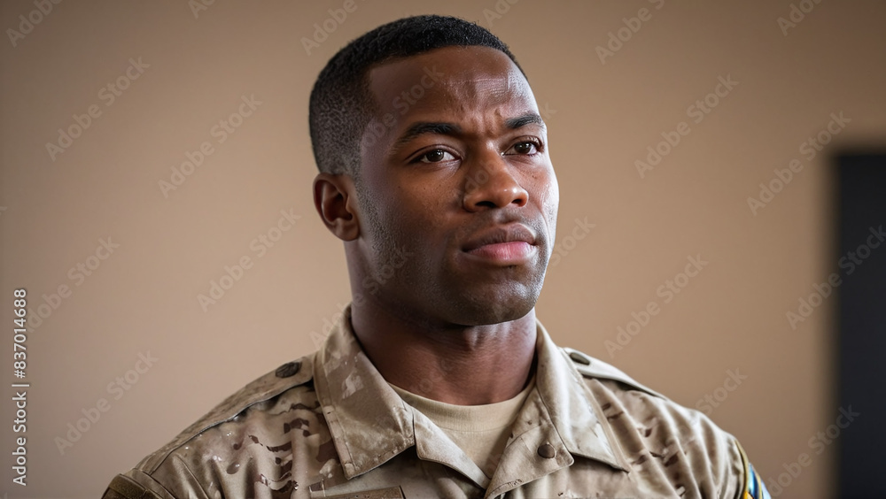 Obraz premium Portrait of a Black American Male Soldier in Military Uniform