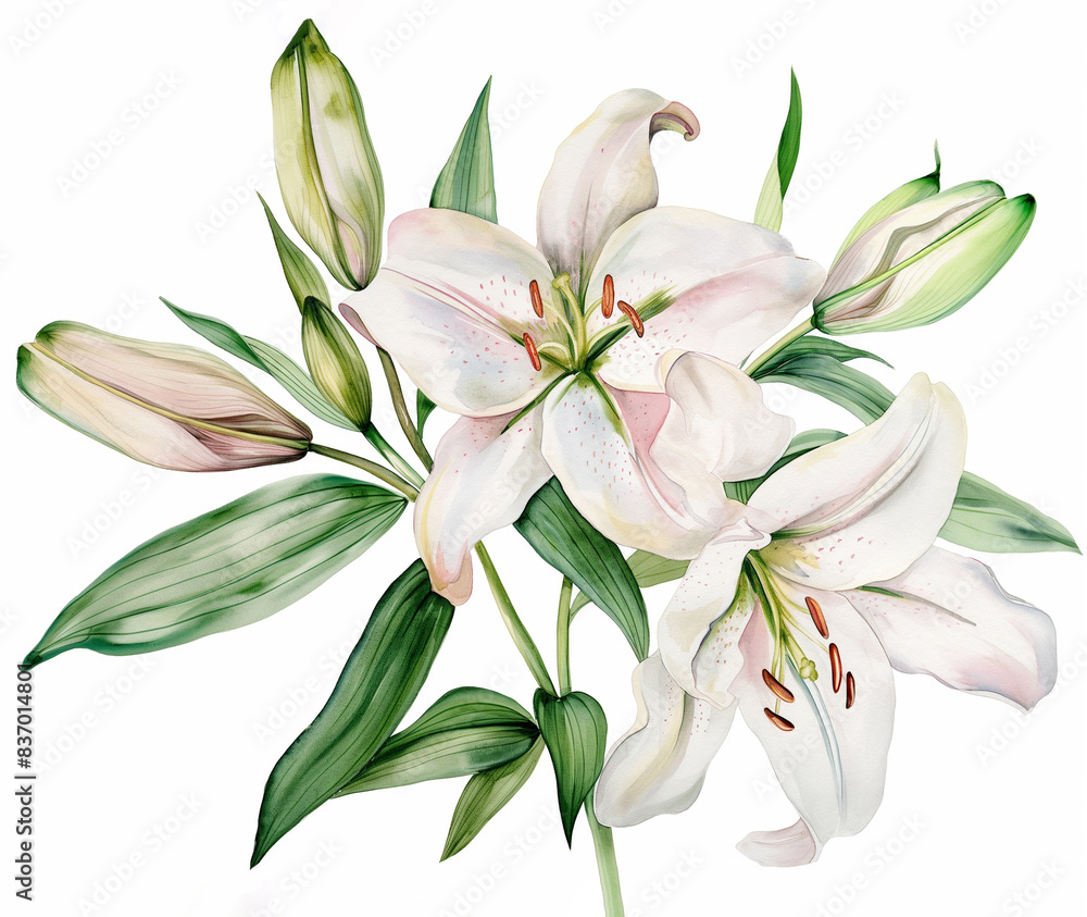 Fototapeta premium Watercolor Luxurious open lilies with buds and half-opened flowers and several leaves