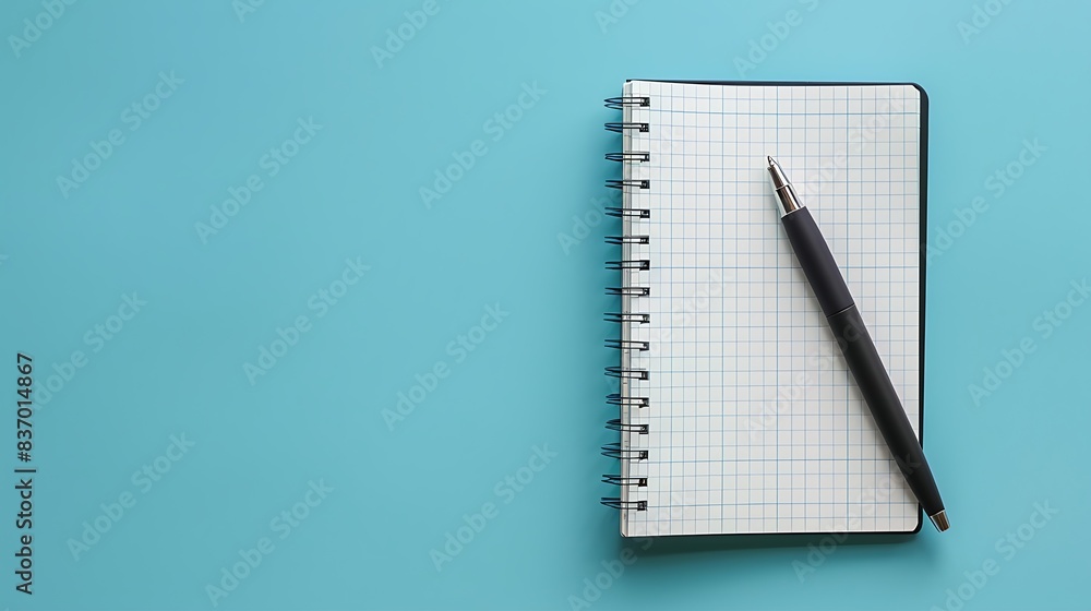 The world of workplace organization and inspiration with a real photo capturing a top view arrangement of office essentials, including a notebook and pen, on a soothing blue backdrop The world of workplace organization and inspiration with a real photo capturing a top view arrangement of office essentials, including a notebook and pen, on a soothing blue backdrop