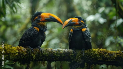 two hornbills sitting on a mossy branch in a forest photo