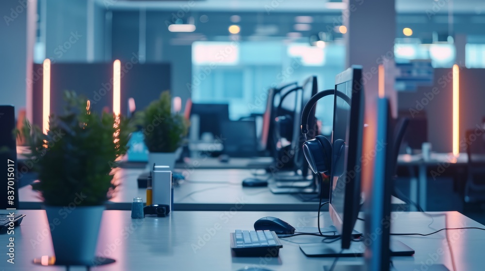 Fototapeta premium VOIP headset, at a well organized customer service desk