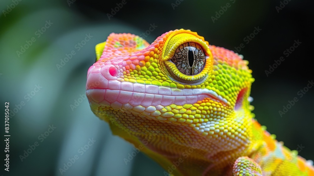 A corrupt police officer at twilight with neon pink, green, yellow, and peach geckos crawling around. A corrupt police officer at twilight with neon pink, green, yellow, and peach geckos crawling around.