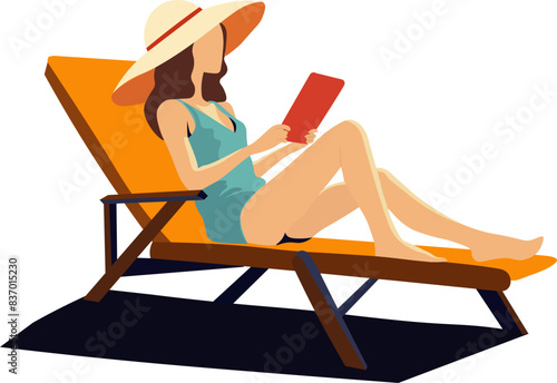 a girl in swimwear and a hat licks on a chaise longue and reads a tablet