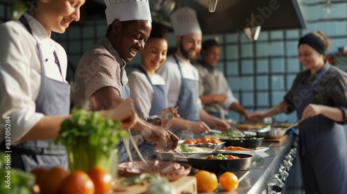 Culinary school setting with happy students preparing dishes under a chef guidance