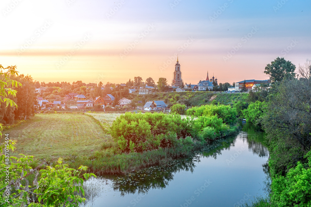 Suzdal, Russia, Golden Ring: The symbol of the city is the famous landmark of the Venerable Bell Tower of the Ordination Monastery in Summer. Suzdal, Russia, Golden Ring: The symbol of the city is the famous landmark of the Venerable Bell Tower of the Ordination Monastery in Summer.