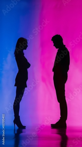 Vibrantly colored couple silhouette facing opposite directions, symbolizing marriage discord and impending separation. photo