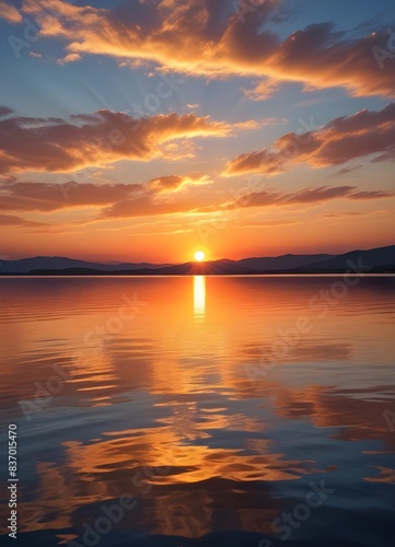 A scenic sunset over a calm lake, with the sun dipping below the horizon and casting warm, golden light across the rippling water