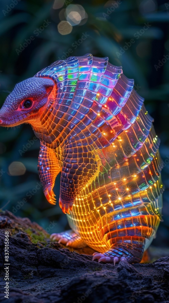 Fototapeta premium LGBT paradise in early urban setting. Arc shot of armadillo amidst dark teal, amber, squash, and vermillion colors.