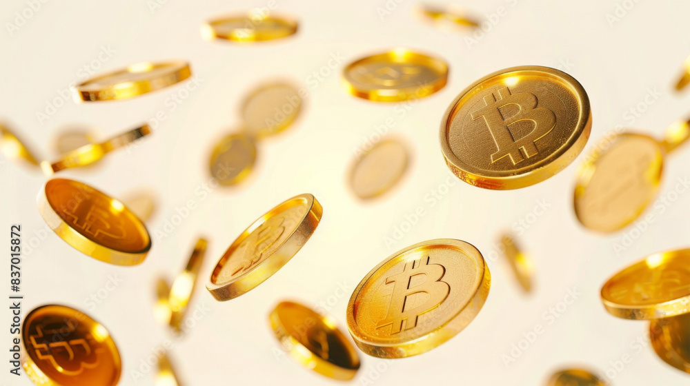 Golden bitcoins falling from the sky. Income concept