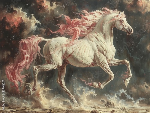 A cosmic battle unfolds with Pegasus and Mercury, gods and heroes, against a zombie in a swirling nebula. Rose, bubble gum pink, neon green, off-white hues.