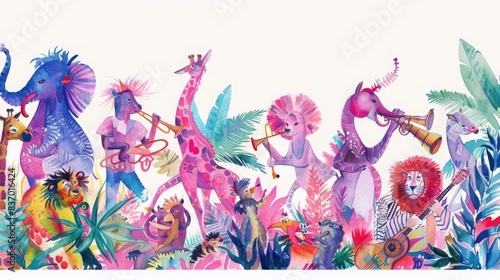 Fototapeta Naklejka Na Ścianę i Meble -  Soft watercolor parade of jungle animals playing music in vibrant pink, magenta, grape, and indigo tones, ideal for a lively nursery book.
