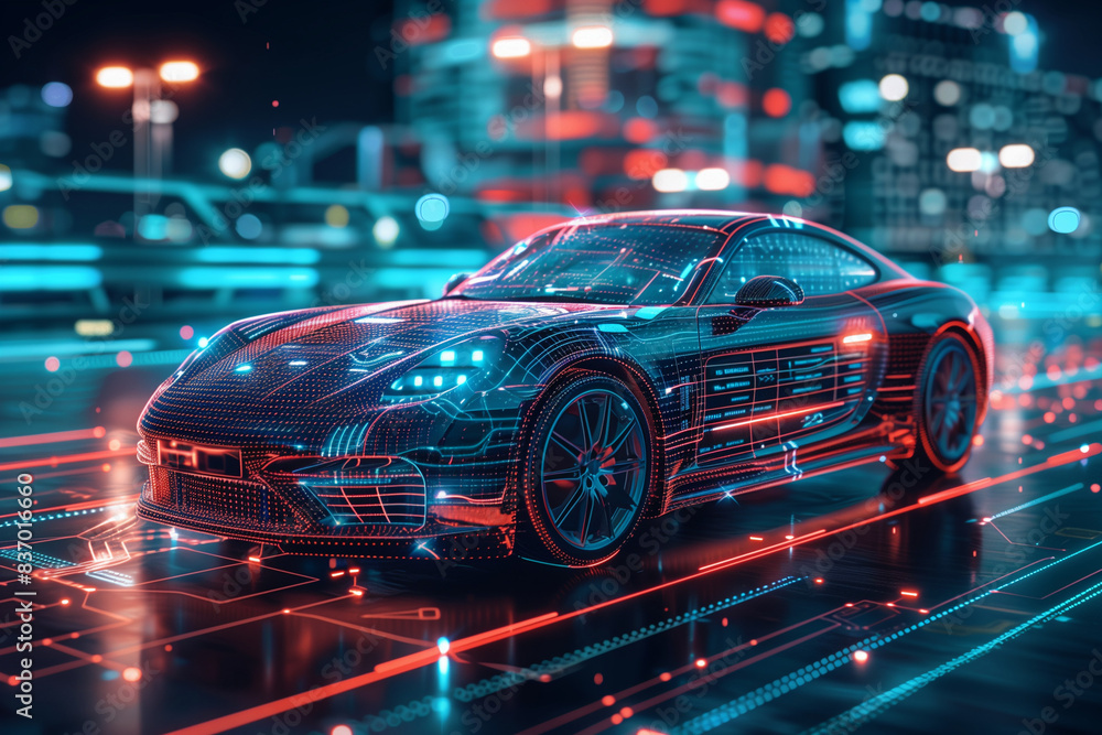 Future car going on the road 3d illustration. Futuristic sports car riding on high speed in the night. Neon street lights, blurred in motion. Generative art. Cars light trails on a winding road Future car going on the road 3d illustration. Futuristic sports car riding on high speed in the night. Neon street lights, blurred in motion. Generative art. Cars light trails on a winding road