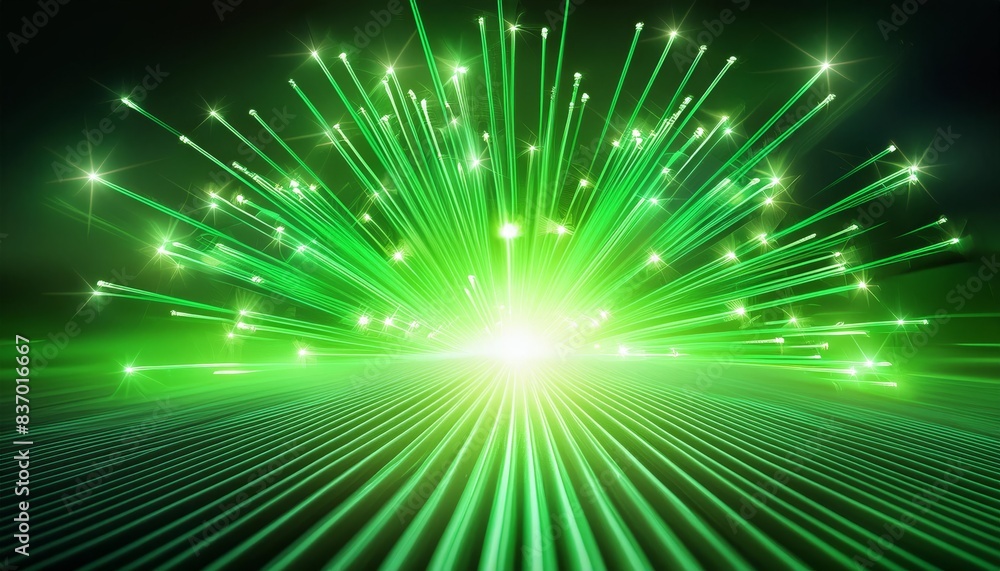 Obraz premium Vibrant green fiber optic lights bursting from a central point, creating a striking visual effect. The radiant beams and sparkling dots evoke innovation, advanced technology.