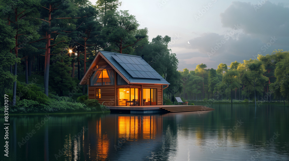 Obraz premium house on the lake, modern house at the lake, moody mountain forest background, water reflection, 3d render, 3d illustration