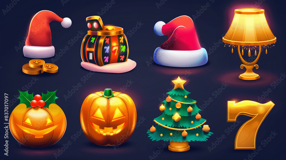 Naklejka premium Asset of Halloween and Christmas for mobile game, ui game, slot game isolation on dark background, Illustration. 
