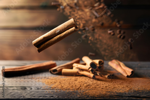 cinnamon sticks on wooden table photo