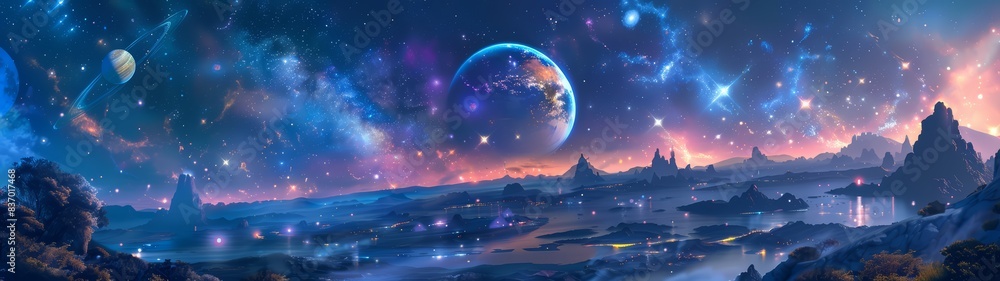 Fototapeta premium Celestial Night, Stars and planets over a surreal landscape, Cosmic Wonder