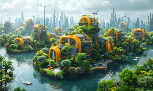 A vision of an utopian green city with renewable energy sources such as solar panels and wind turbines. Electric vehicles and smart systems boost sustainability, generative AI photo