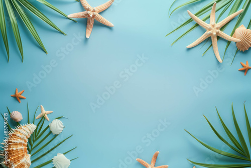 An artistic flat lay featuring a palm leaf and starfish on a blue background, accented with light beige and silver. This 3840x2160 image offers a unique, minimalistic design. AI generative. photo
