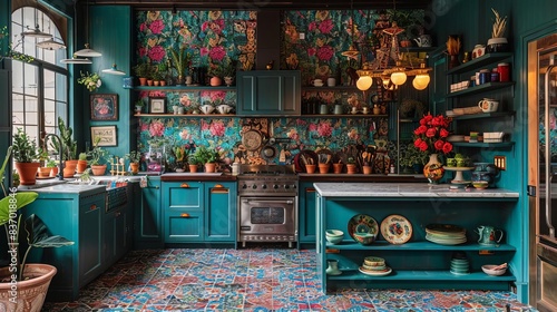 An extravagant maximalist kitchen with teal cabinetry and a floral patterned wallpaper The floor is made of colorful Moroccan tiles © Suphakorn