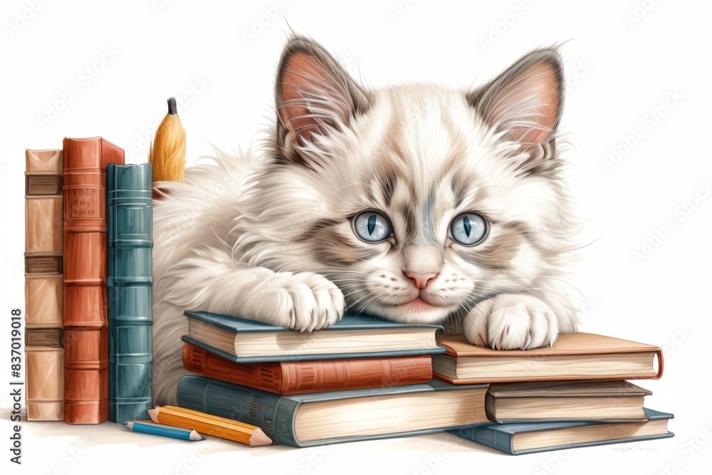 cute kitten student with textbooks cute kitten student with textbooks
