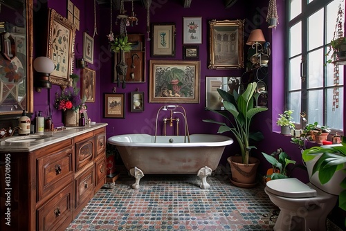 A bold maximalist bathroom with deep purple walls and a geometric patterned tile floor The room features a vintage clawfoot bathtub photo