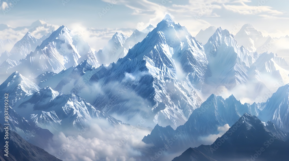Obraz premium Breathtaking Panoramic View of Towering Snow-Capped Mountain Peaks Surrounded by Dramatic Clouds and Dramatic Atmosphere