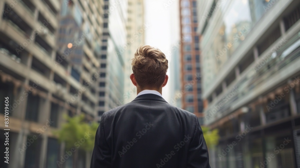 Modern Businessman Surrounded by Symbolic Signs of Commerce in Urban Setting Modern Businessman Surrounded by Symbolic Signs of Commerce in Urban Setting
