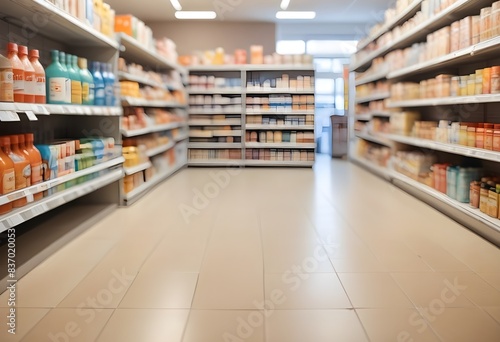 Blurred convenience store with shelves stocked with various products, tiled floor in the foreground