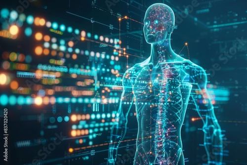 Medical scan showing a digitalized human body with data points highlighting vital signs generated by AI