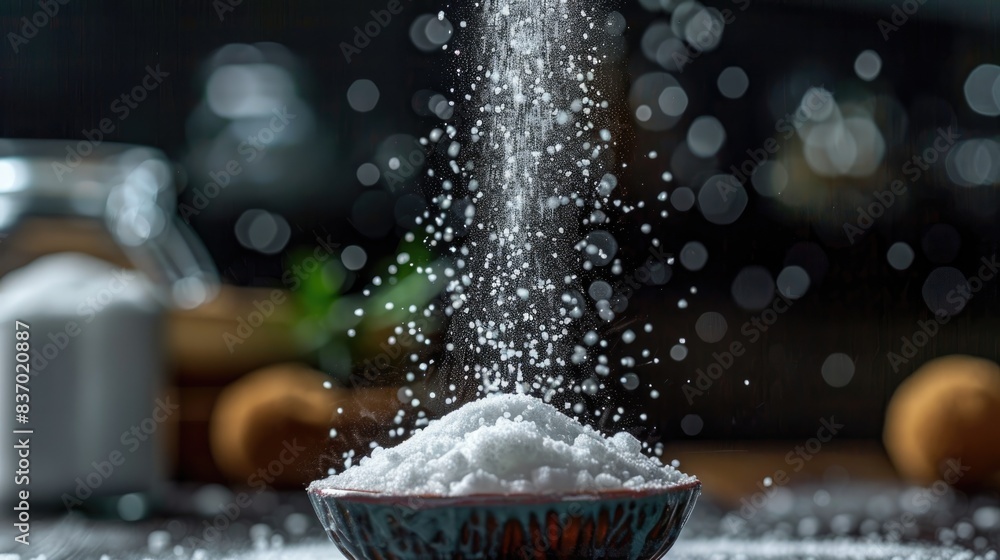 Salt powder fell into the cup. Salt powder fell into the cup.