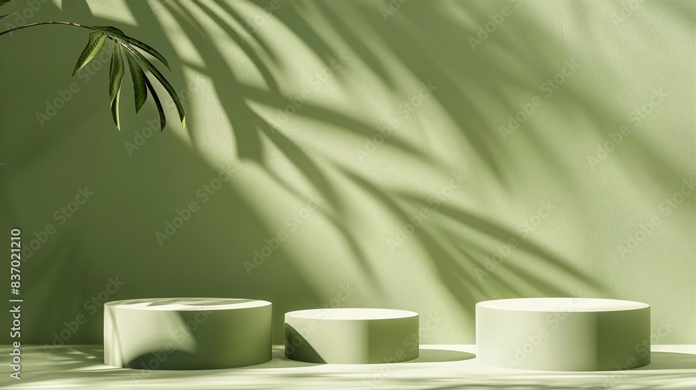 Abstract green background with three podiums for product presentation with green leaves shadow. Abstract green background with three podiums for product presentation with green leaves shadow.
