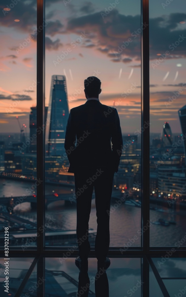 Successful Businessman Contemplating London City View Through Glass Wall in Cinematic 4K Quality Successful Businessman Contemplating London City View Through Glass Wall in Cinematic 4K Quality