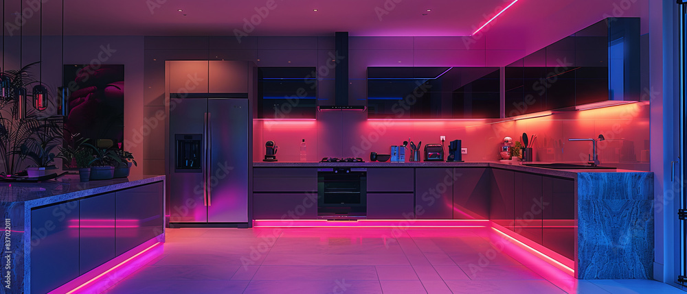 Futuristic Neon-Lit Kitchen with High-End Appliances and Clean Lines Futuristic Neon-Lit Kitchen with High-End Appliances and Clean Lines