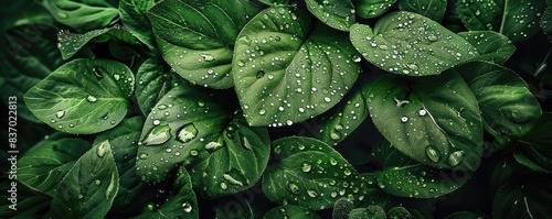 Close-up image of lush green leaves covered with water droplets, capturing the freshness and beauty of nature.