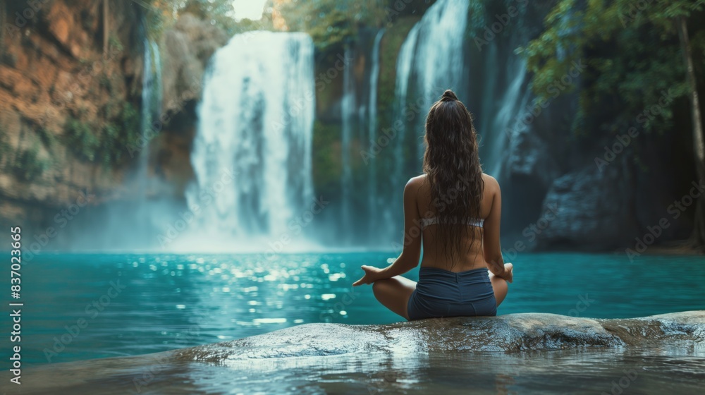 Back view of woman meditating by a lush waterfall in a tropical paradise. Back view of woman meditating by a lush waterfall in a tropical paradise.