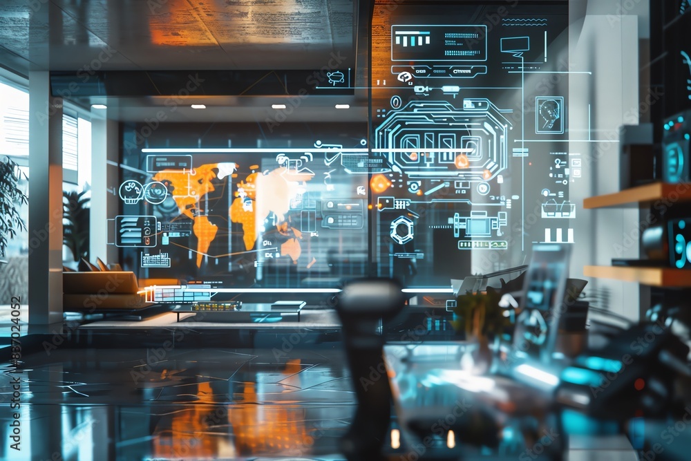 A modern tech workspace where interactive holograms display Pride messages, and advanced robotics assist with projects A modern tech workspace where interactive holograms display Pride messages, and advanced robotics assist with projects