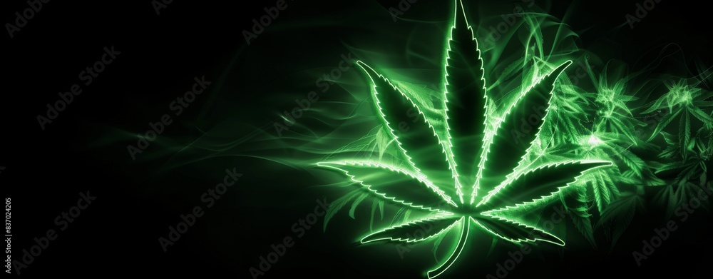 Green Marijuana Leaf Neon Sign In Smoke Glows Brightly Against a Dark Background