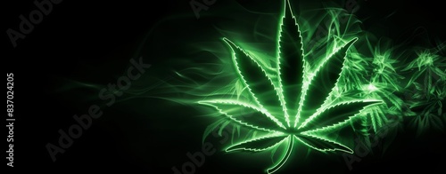 Obraz na płótnie Green Marijuana Leaf Neon Sign In Smoke Glows Brightly Against a Dark Background w salonie