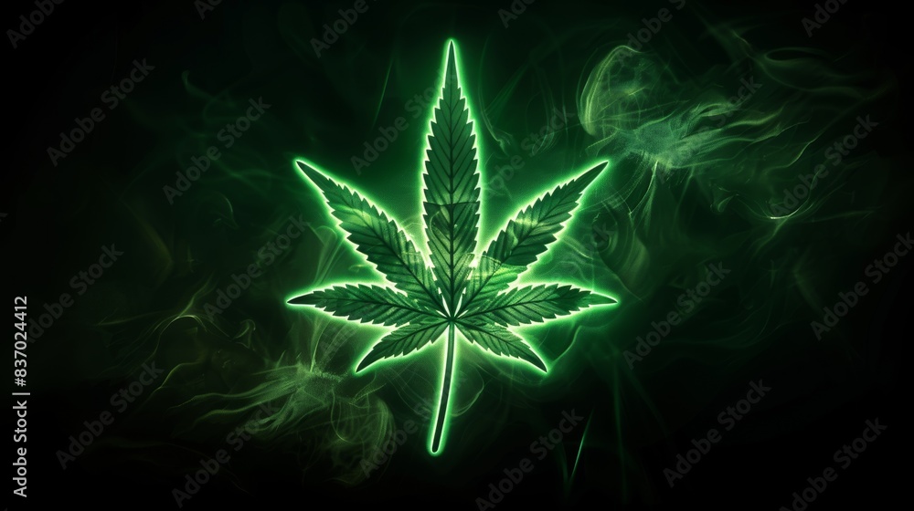 Green Marijuana Leaf Neon Sign In Smoke Glows Brightly Against a Dark Background