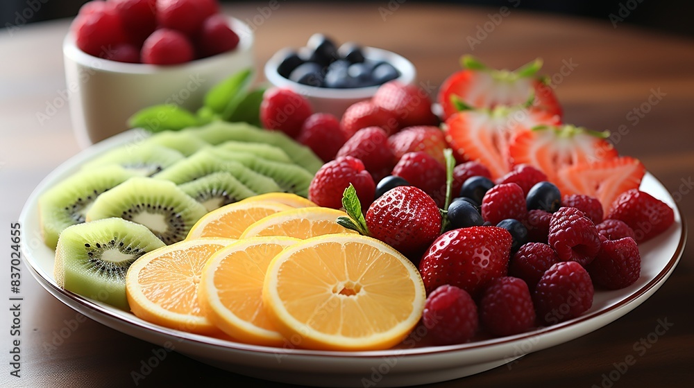 A colorful fruit platter with a variety of fresh berries, sliced oranges, and kiwi, arranged artfully on a white ceramic plate, enticing viewers with its freshness and vibrancy. Minimal and Simple, A colorful fruit platter with a variety of fresh berries, sliced oranges, and kiwi, arranged artfully on a white ceramic plate, enticing viewers with its freshness and vibrancy. Minimal and Simple,