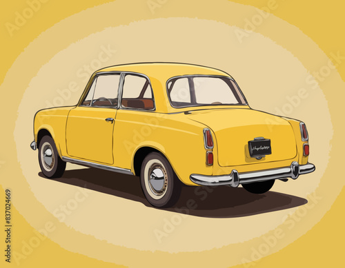 Voiture jaune rétro vintage modèle 3d illustration, style dessin animé véhicule mignon