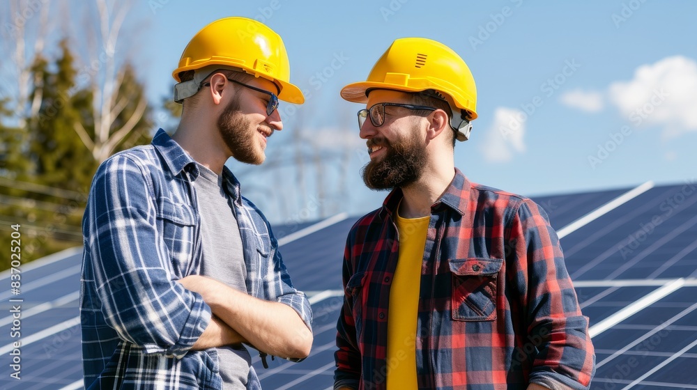 Discussion between a hipster entrepreneur and an engineer about solar energy solutions for a new building Discussion between a hipster entrepreneur and an engineer about solar energy solutions for a new building