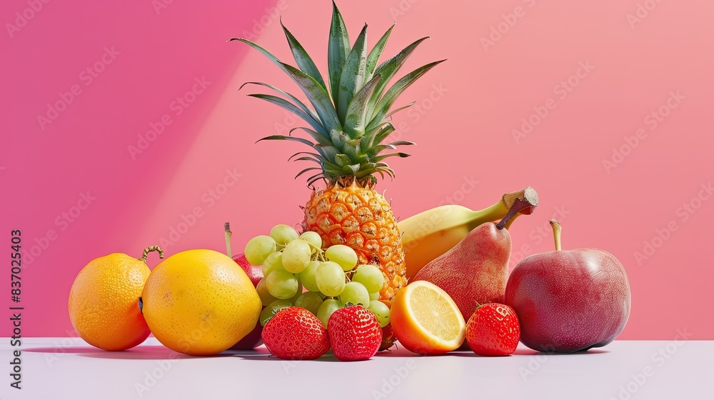 Vibrant fruit assortment on a minimalist background Vibrant fruit assortment on a minimalist background